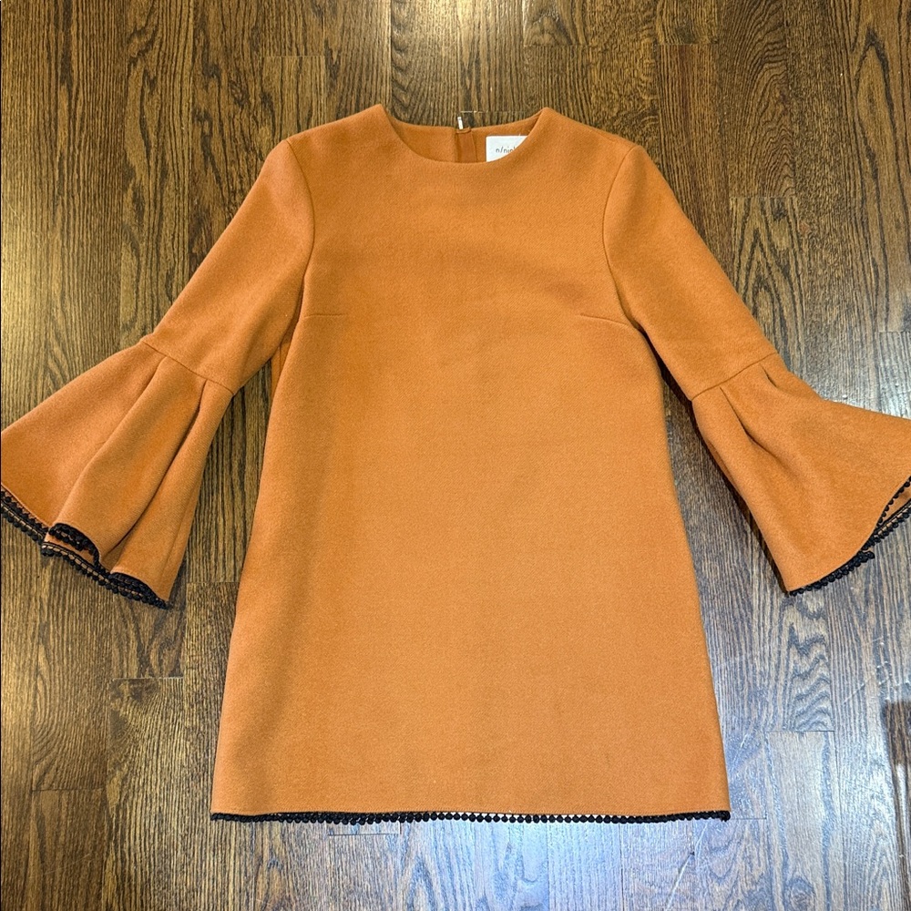 n/ NICHOLAS retro vintage burt orange wool shift mini dress with bell sleeves 8
